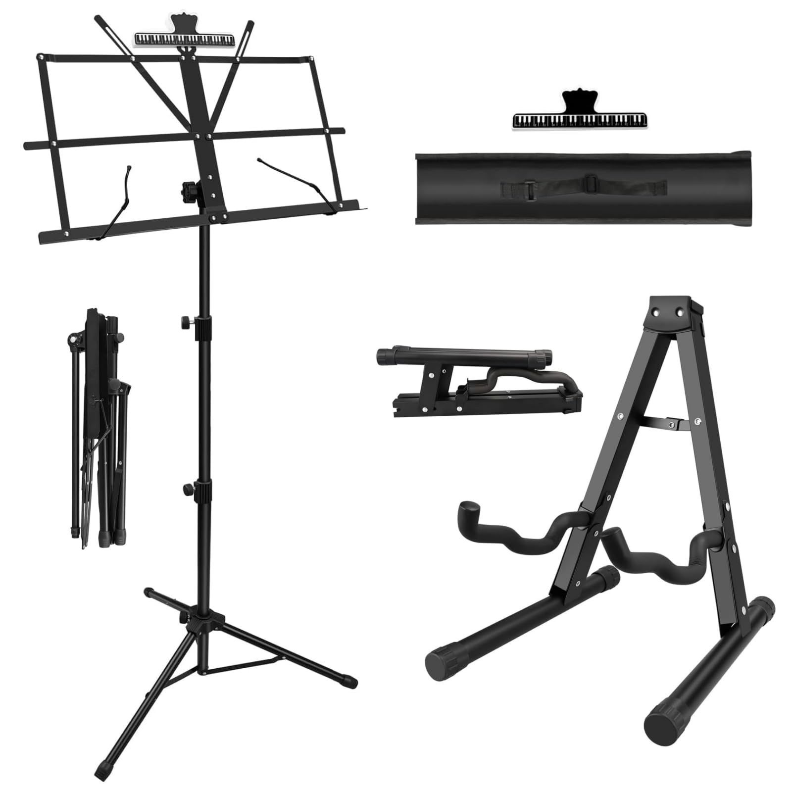 DkOvn Foldable Sheet Music Stand and A-Frame Guitar Stand Set, with Music Sheet Clip Holder & Carrying Bag