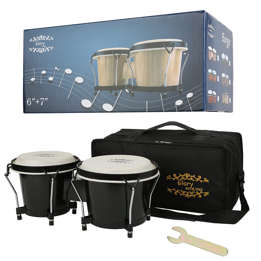 Glory Bongo Drums 6    and 7    Wood Percussion Instrument Bongos with bag and tuning Key,Black