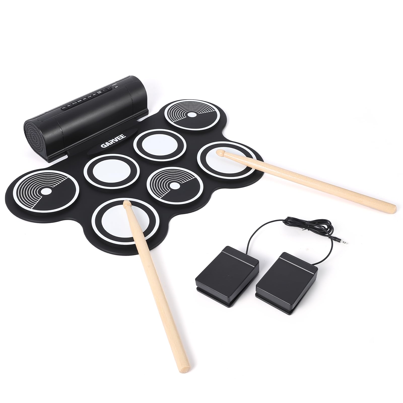 7-Pad Bluetooth Electronic Drum Set, 12 Demo & 7 Rhythms, Roll-Up Portable Design with Recording, 2 Stereo Speakers and 7 Drum K