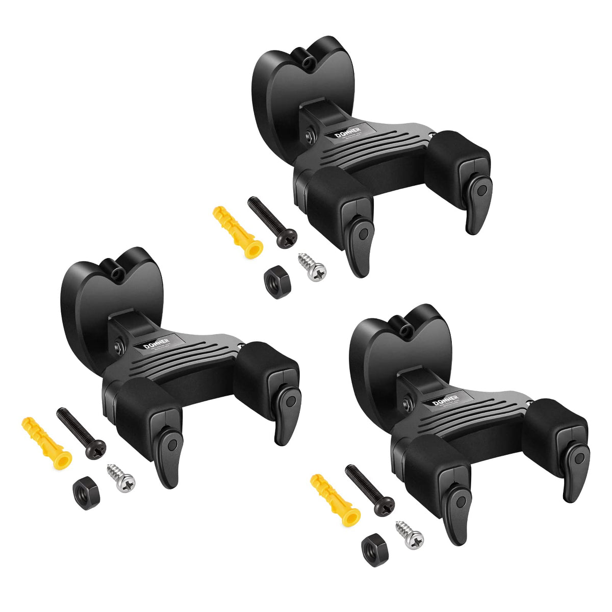 Donner Guitar Wall Mount Locking 3-Pack, Guitar Wall Hangers Auto Lock For Acoustic Electric Guitar Bass Mandolin, Black