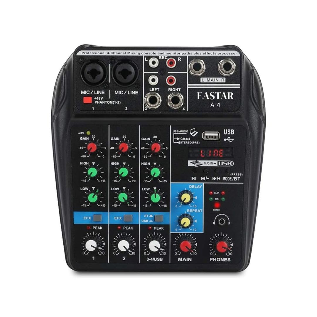 Kh 4 Channel Professional Audio Mixer Console Bluetooth & Usb Sound Card, 48?V Phantom Power, Mp3/Usb/Phone Live-Out, Fx/Reverb,