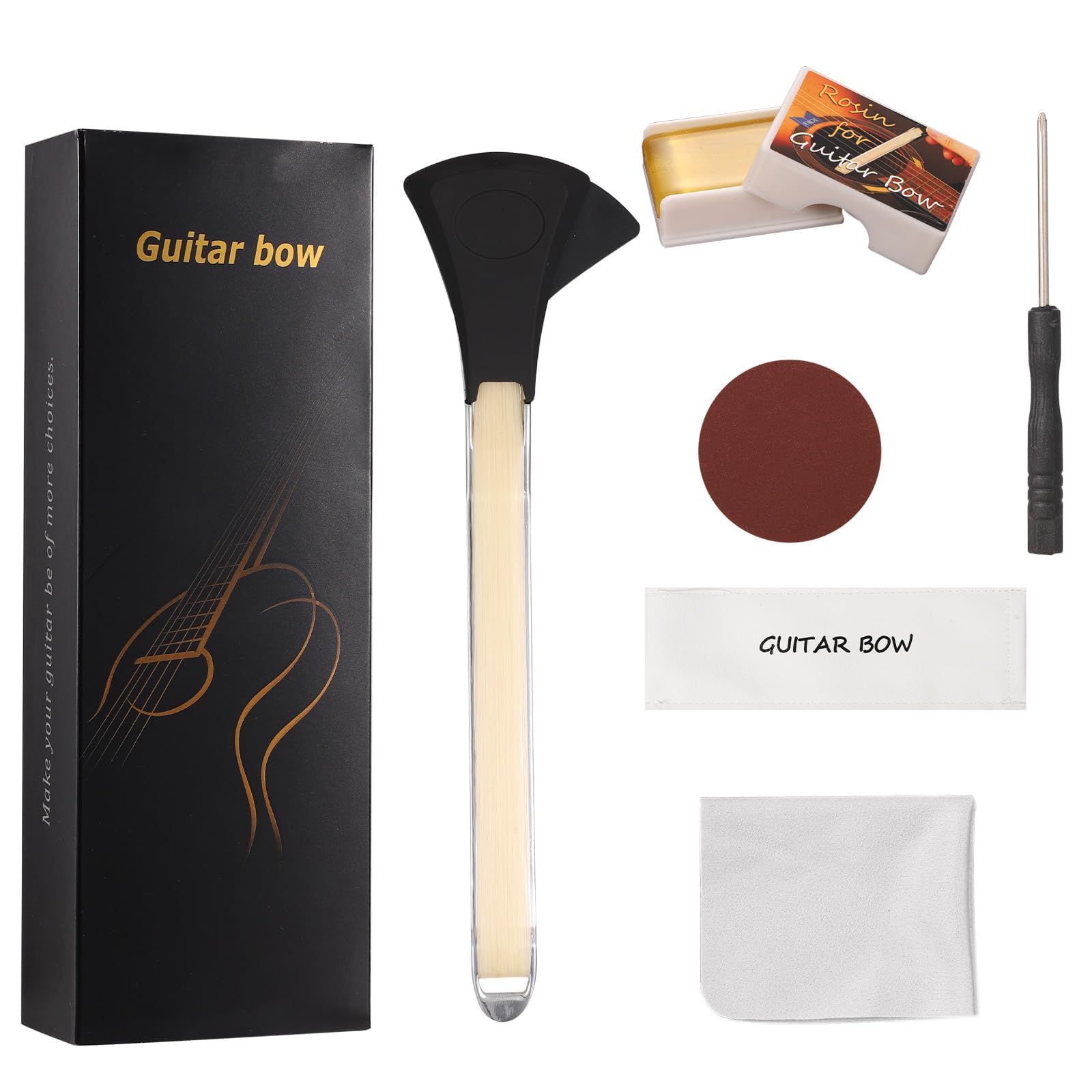Guitar Bow Kit, 2-in-1 Horsehair Aluminum Alloy Guitar Bow Pick with Rosin Sandpaper Cloth Fun Acoustic Instrument Playing Tools