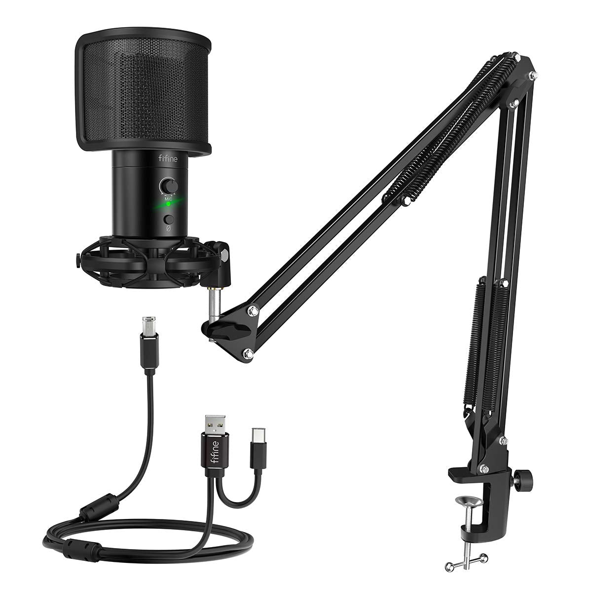Fifine Usb Gaming Streaming Microphone Kit For Pc Computer, Condenser Mic Set With Arm Stand Mute Button & Gain, Mic Studio Bund