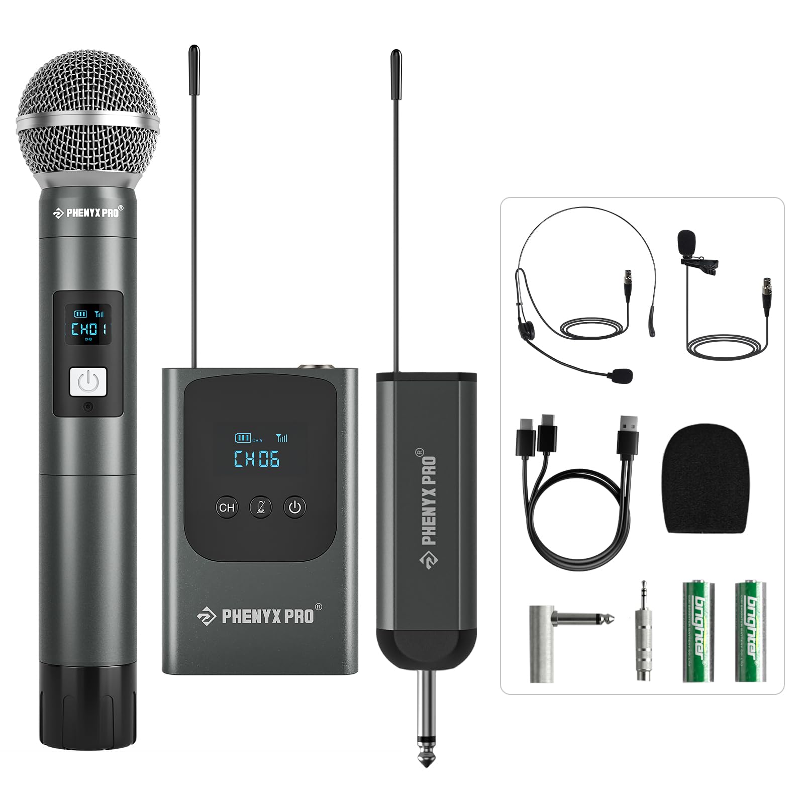 Phenyx Pro Dual Digital Wireless Microphone System, W/Handheld Dynamic Microphone, Bodypack Transmitter, Mini Receiver, 2X15 Uhf