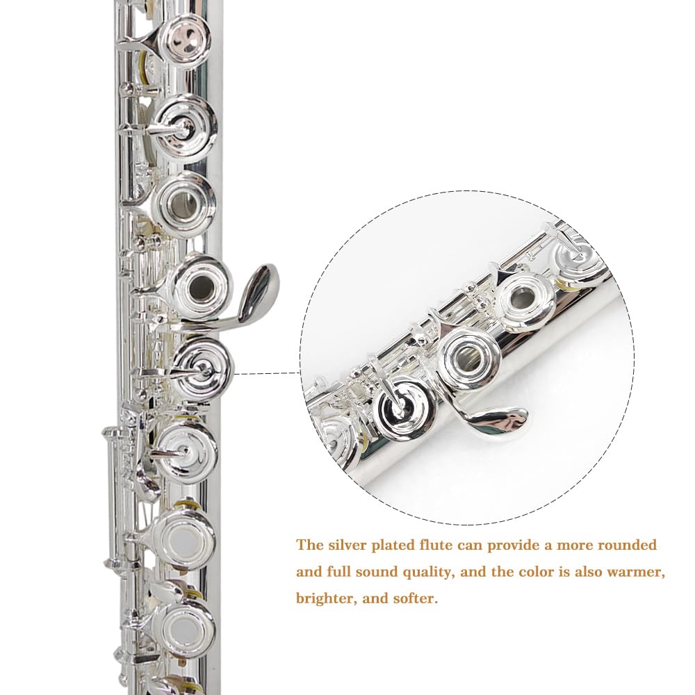 YANASON Open Hole C Flutes 17 Key Silver Beginner Student With Carrying Case Gloves Cleaning Rod Adjustment screws and Cloth (17
