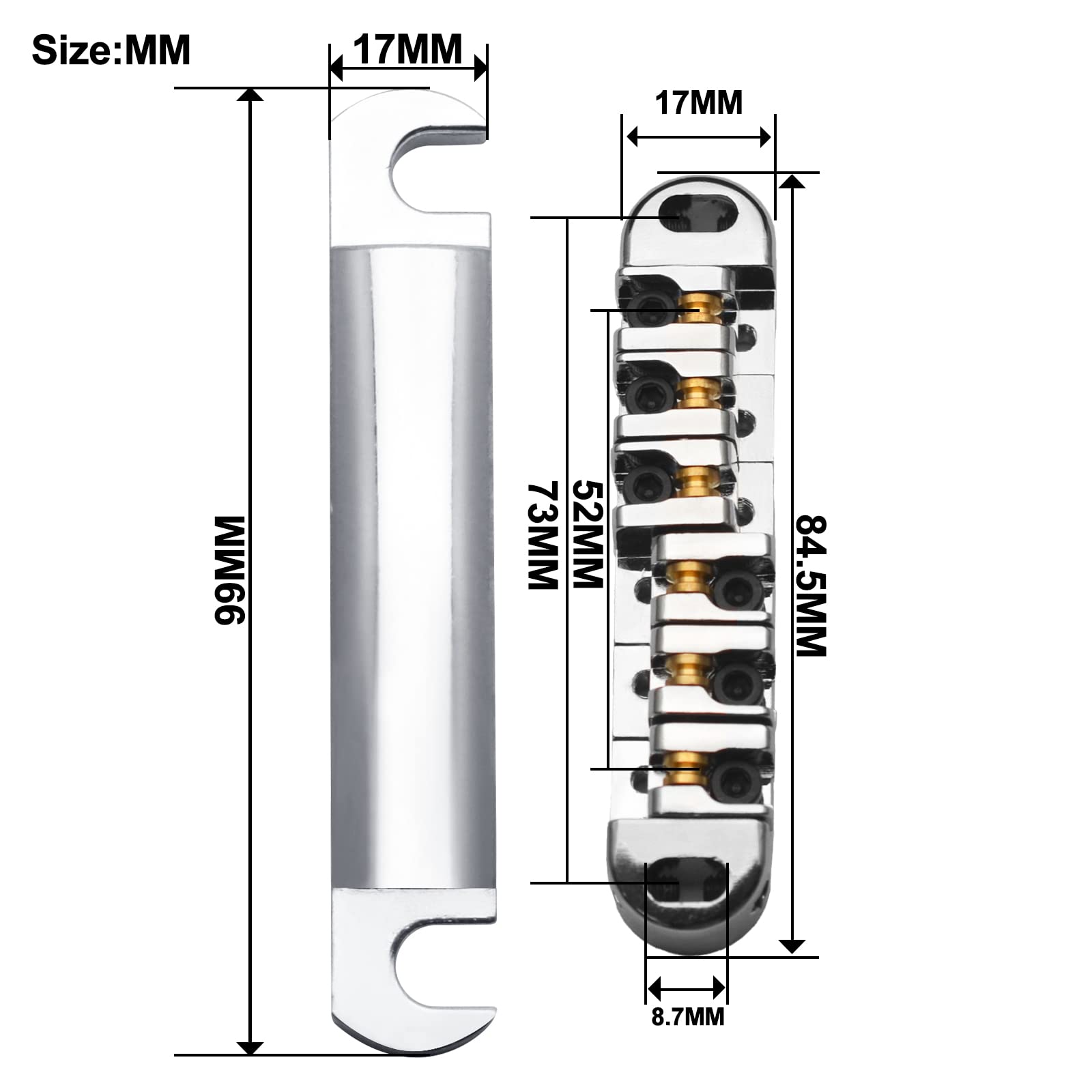 SAPHUE ABR-1 Style Tune-o-matic Bridge Tailpiece Roller Saddle Bridge for GB LP Gear Replacement (Chrome)