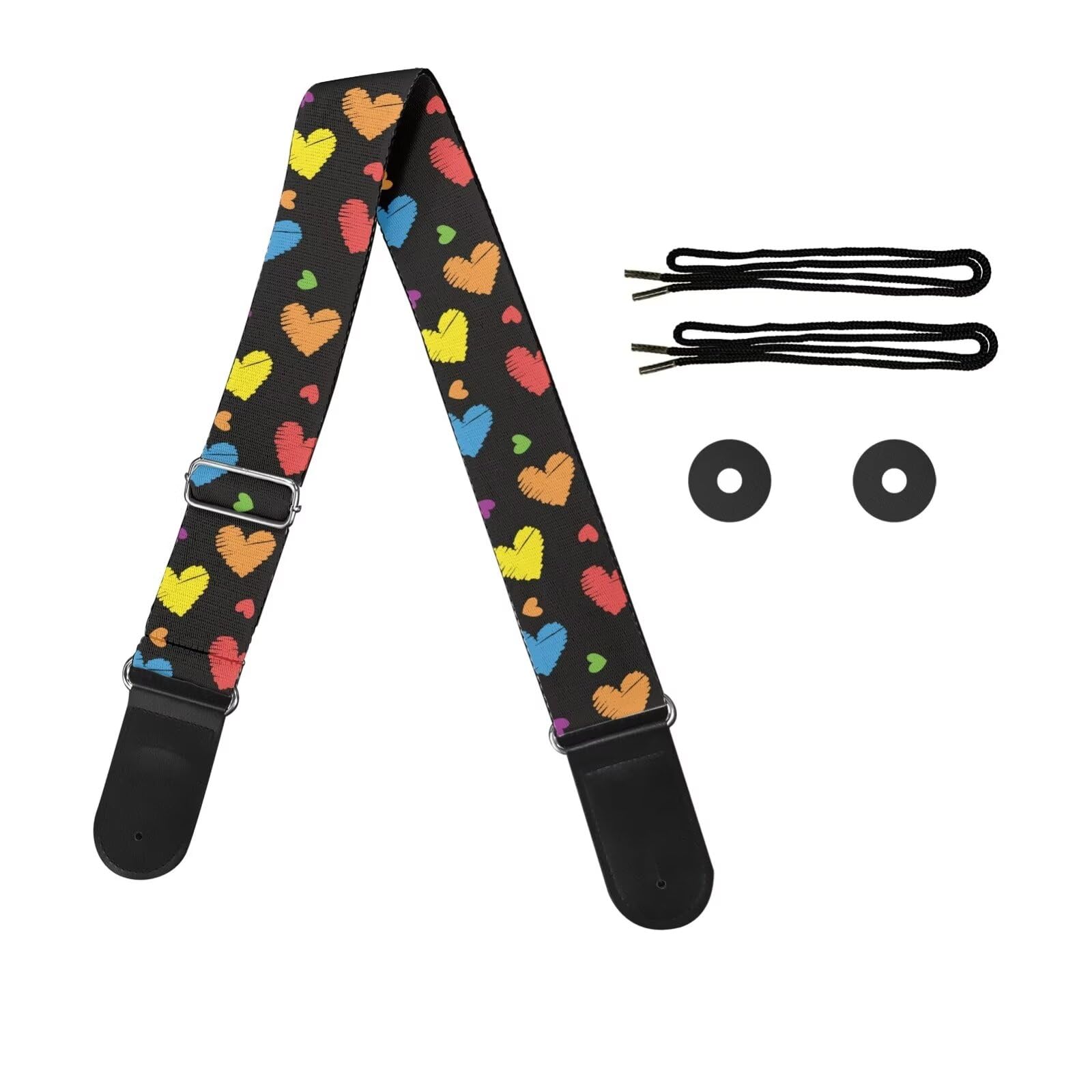 doginthehole Colorful Heart Print Guitar Strap for Acoustic and Electric Guitars Adjustable Crossbody Guitar Strap with Leather 