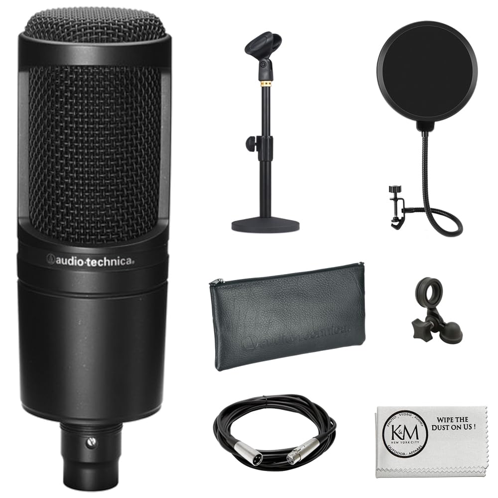 Audio-Technica AT2020 Cardioid Condenser Microphone Bundle with Pop Filter + XLR Cable + Microphone Desktop Stand + Microfiber C