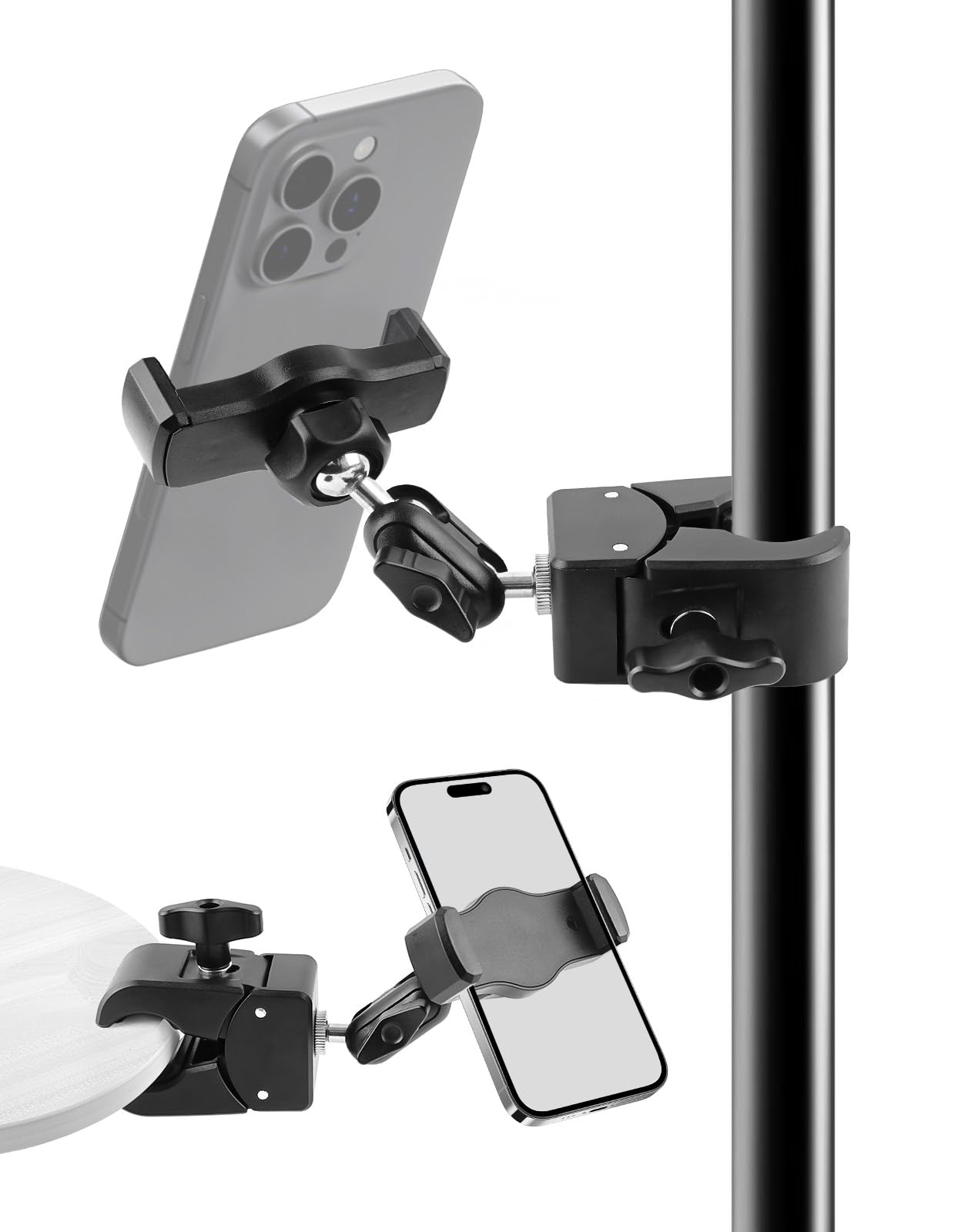 BILIONE Mic Stand Phone Holder, Pole Mount Clamp Phone Holder for Microphone Guitar Drums Music Photography Light Stand, Compati
