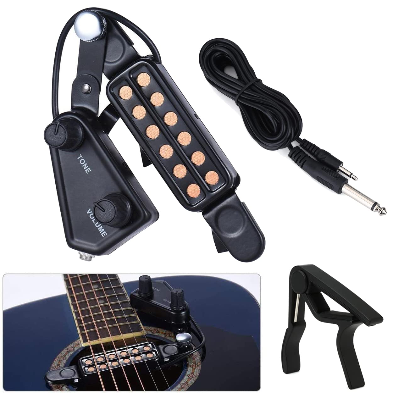 Enasgloo 12-Hole Guitar Pickup Acoustic Electric Transducer For Acoustic Guitar Magnetic Preamplifier With Guitar Capo & 10 Ft A