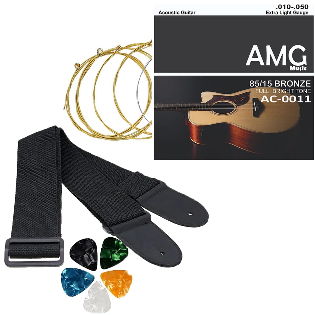 Guitar String Set with Guitar Strap Belt and Picks | Acoustic Guitar Strings Set of 6 Replacement Strings | Acoustic Electric Ba