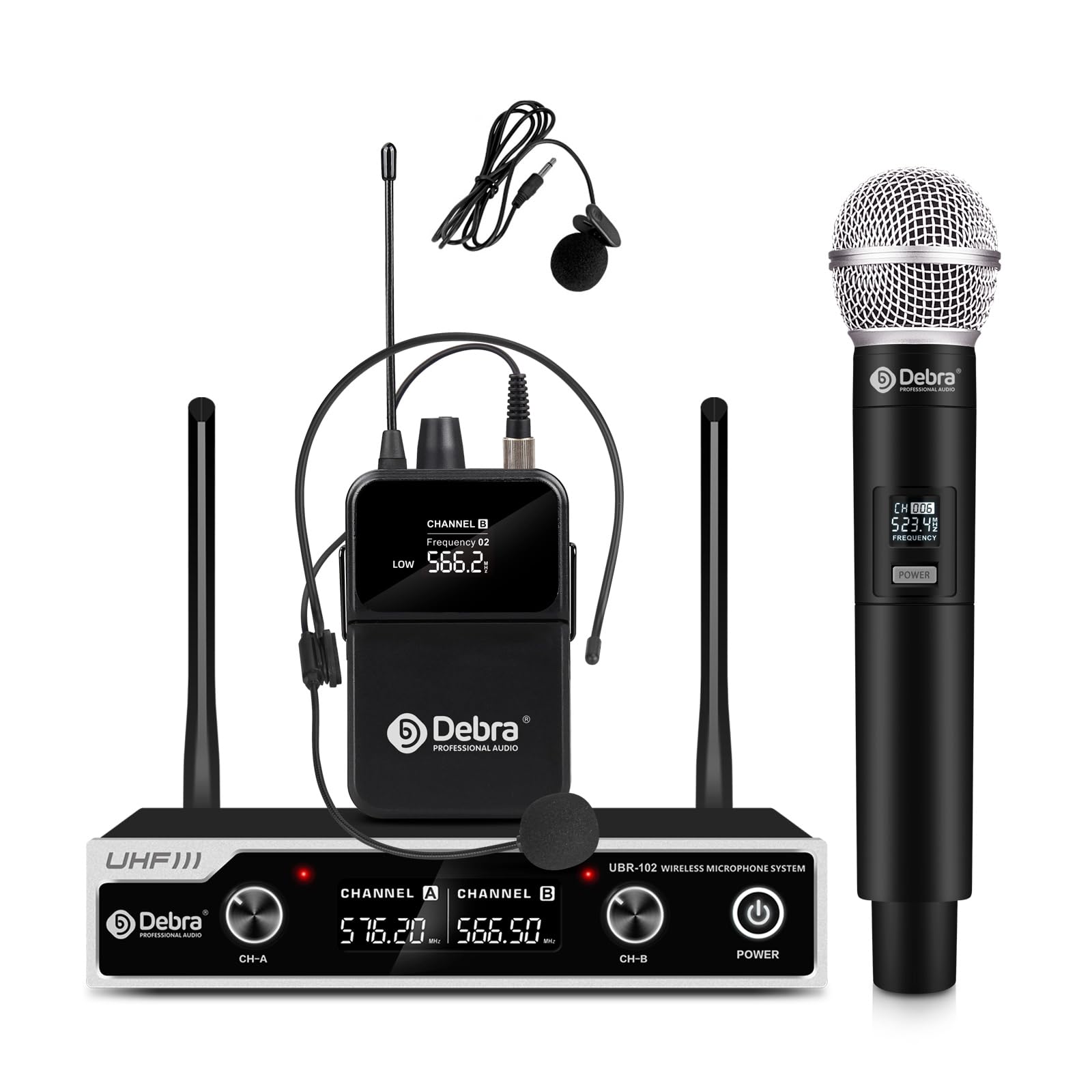 D Debra Wireless Microphone System Uhf Ubr-102 With Cordless Handheld Lavalier Headset Mics, 260Ft Range, Suitable For Church, L
