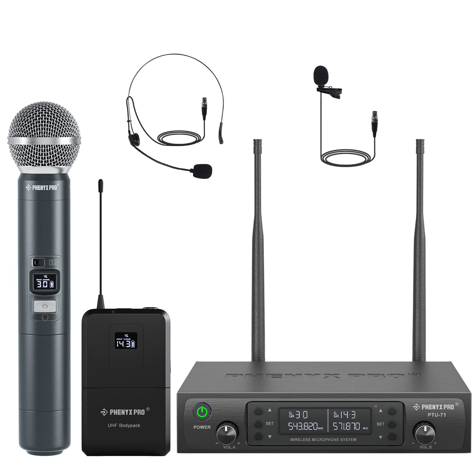 Phenyx Pro Wireless Microphone System, Dual Wireless Mic Set With Handheld Microphone/Bodypack/Headset/Lapel Mics, 2X100 Uhf Cha