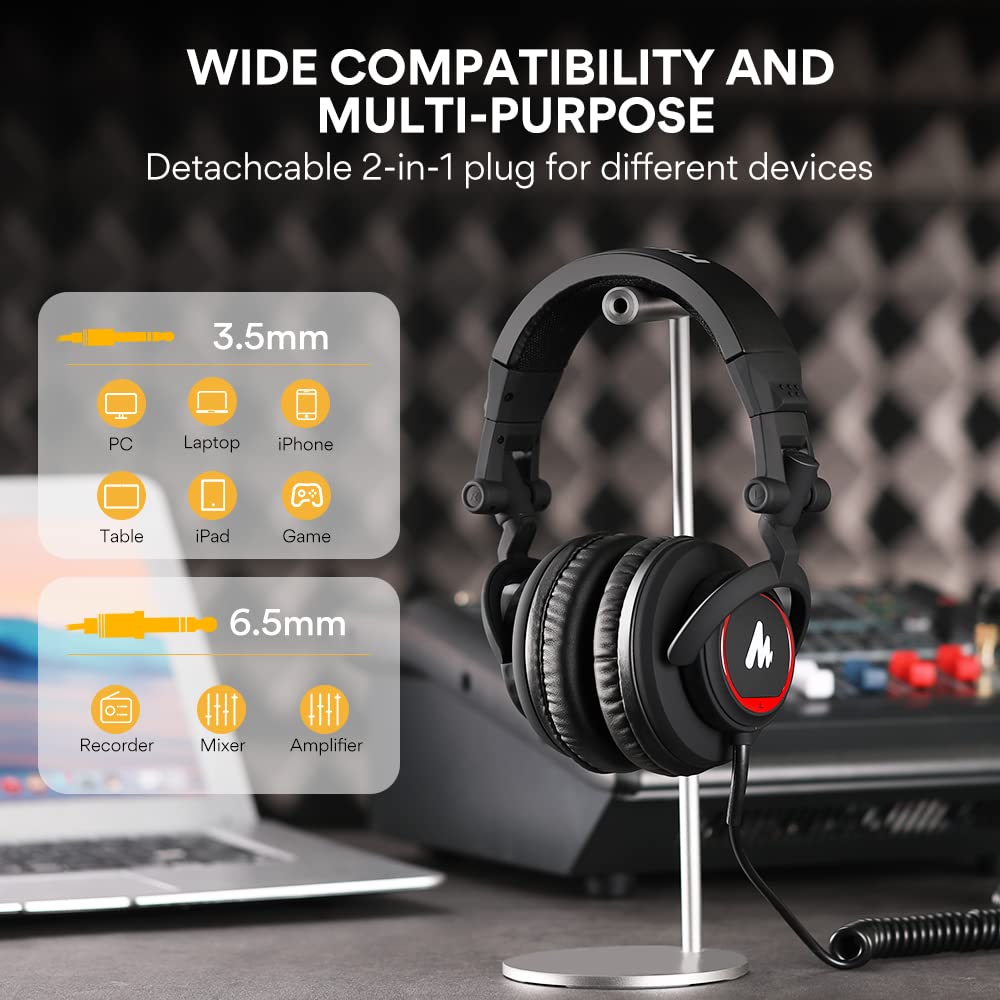 MAONO 50MM Drivers Over Ear Studio Headphones, AU-MH501 Stereo Monitor Closed Back Headphones, Lightweight Foldable Design for S
