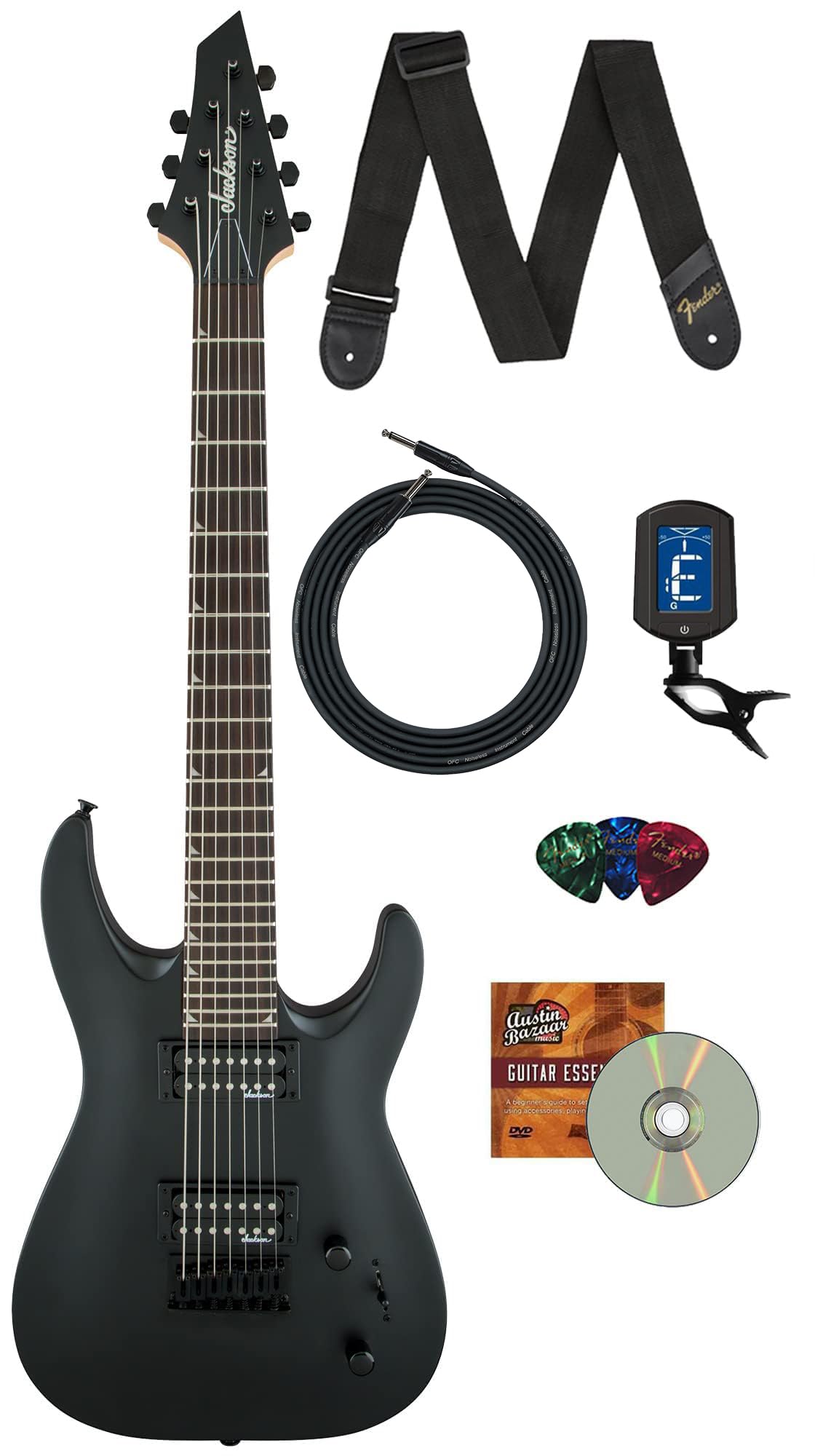 Jackson Dinky Arch Top Js22-7 Dka Ht Electric Guitar - Satin Black Bundle With Cable, Tuner, Strap, Picks, And Austin Bazaar Ins