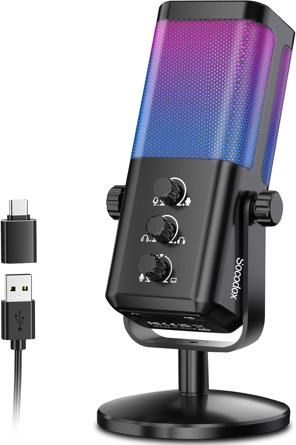 socodox USB Gaming Microphone with Game Chat Balance, RGB Condenser Mic with Noise Cancellation, Quick Mute & Monitoring, for St