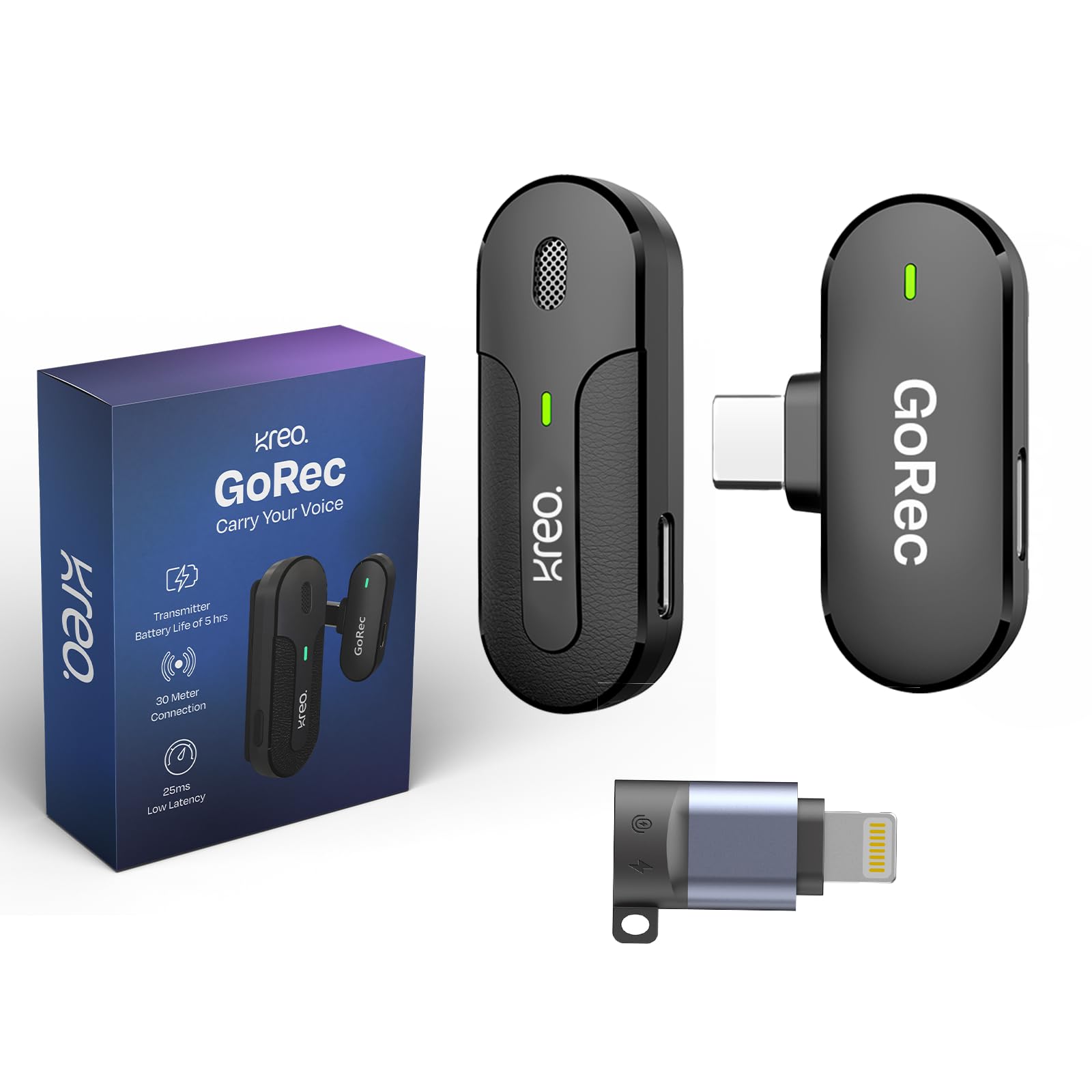 Kreo GoRec Professional Wireless Mic with Solo Transmitter, USB-C & Lightning Support with iPhone & Android, Long Battery Life, 