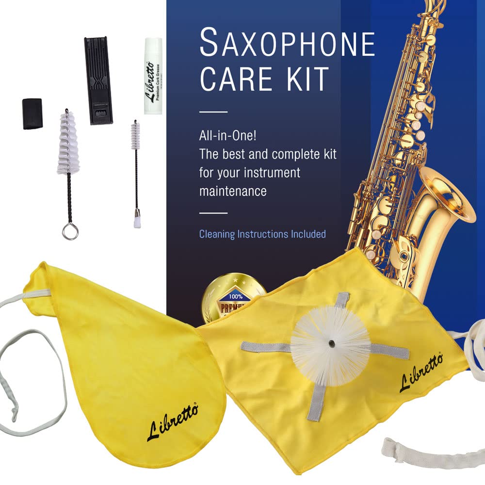 Libretto Alto Saxophone All-Inclusive Giftable Care Kit: Mouthpiece Brush + Dust Brush + 2 Microfiber Cleaning Swab + Thumb Cush