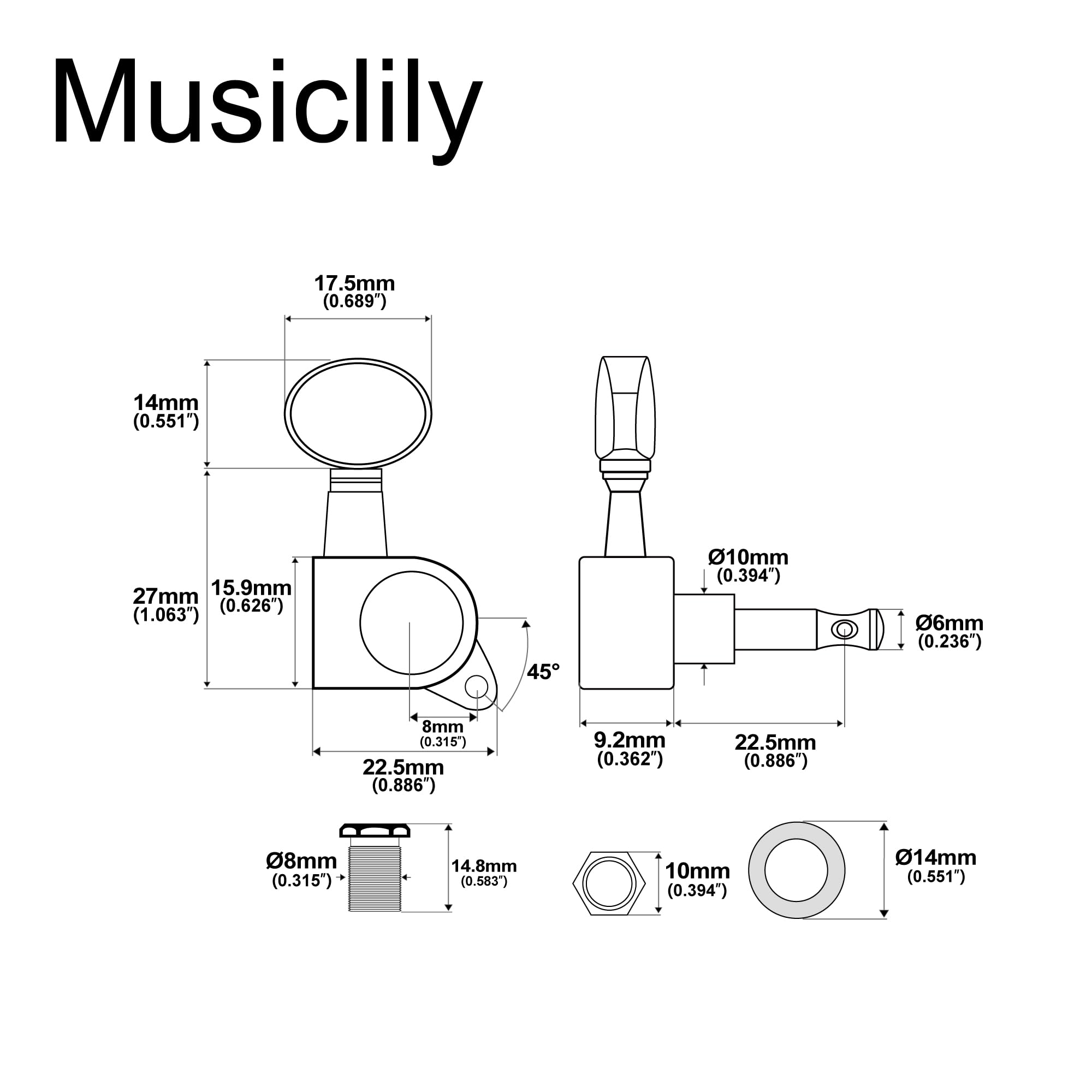 Musiclily Pro 6 Inline Sealed Guitar Tuners Tuning Pegs Keys Machine Heads Set for Fender Stratocaster Telecaster, Oval Button B
