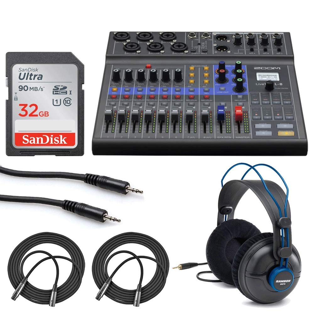 Zoom LiveTrak L-8 Portable 8-Channel Digital Mixer and Multitrack Recorder Bundle with 32GB Memory Card + Studio Headphones + St