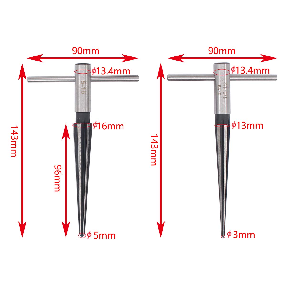 ApplianPar T Shape Handle Taper Reamer 3-13mm and 5-16mm Bridge Pin Hole Hand Held Tapered Reamers 6 Fluted Chamfer Chaser Reami