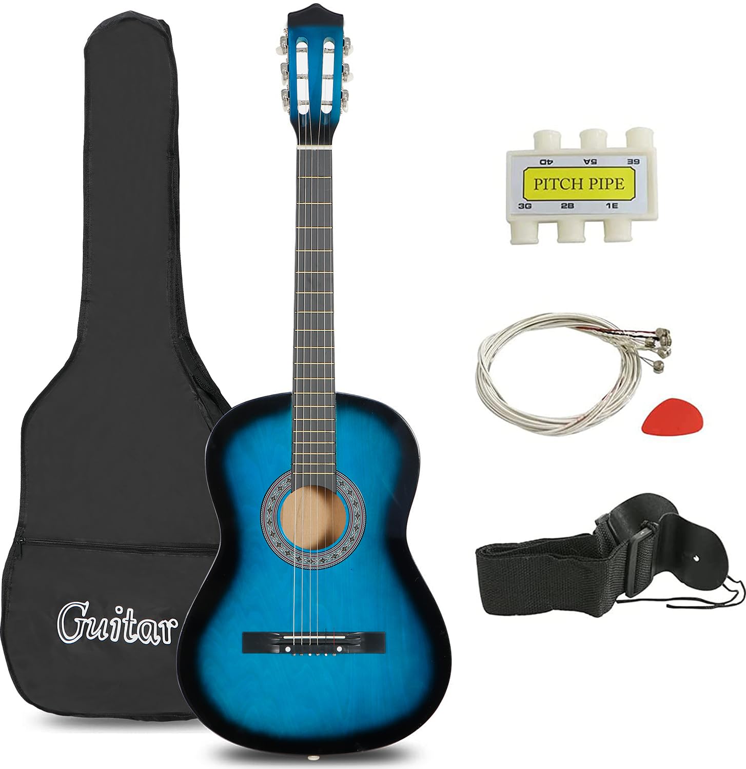 Zeny 38 Inch Acoustic Guitar Full Size Beginners Package Kit For Right-Handed Starters Kids Music Lovers W/Case, Strap, Pitch Pi