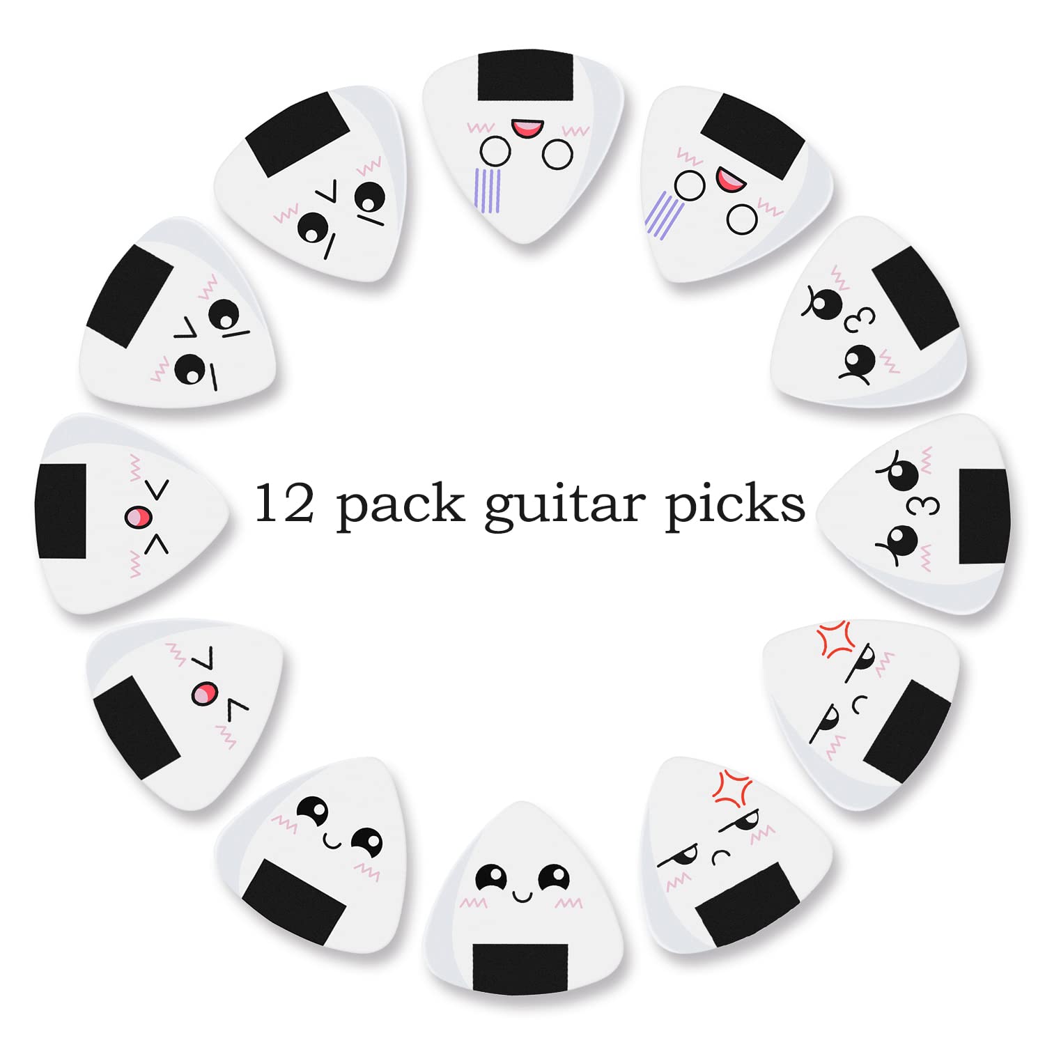 Guitar Picks, Ukulele Picks [12 Pack] 0.71mm Medium White Sushi Rice Balls Pattern Guitar Picks Classical Triangle Guitar Plectr