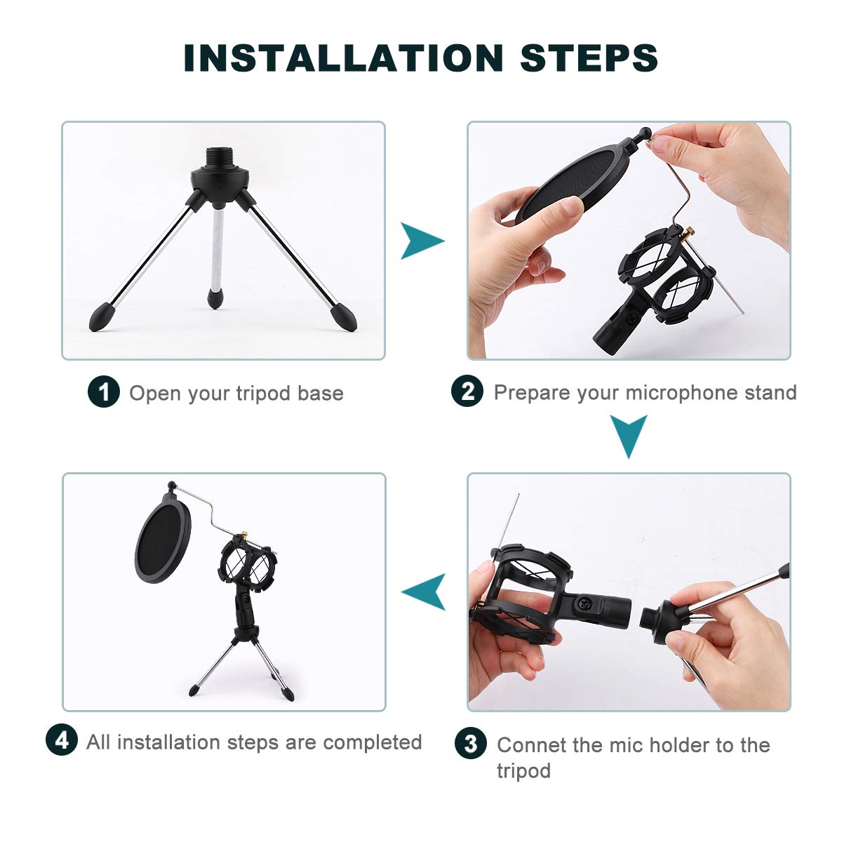 Dreokee Desktop Mic Stand, Microphone Stand Desk Tripod Stand with Shock Mount Portable Mic Holder and Double-Non-slip Feet Net