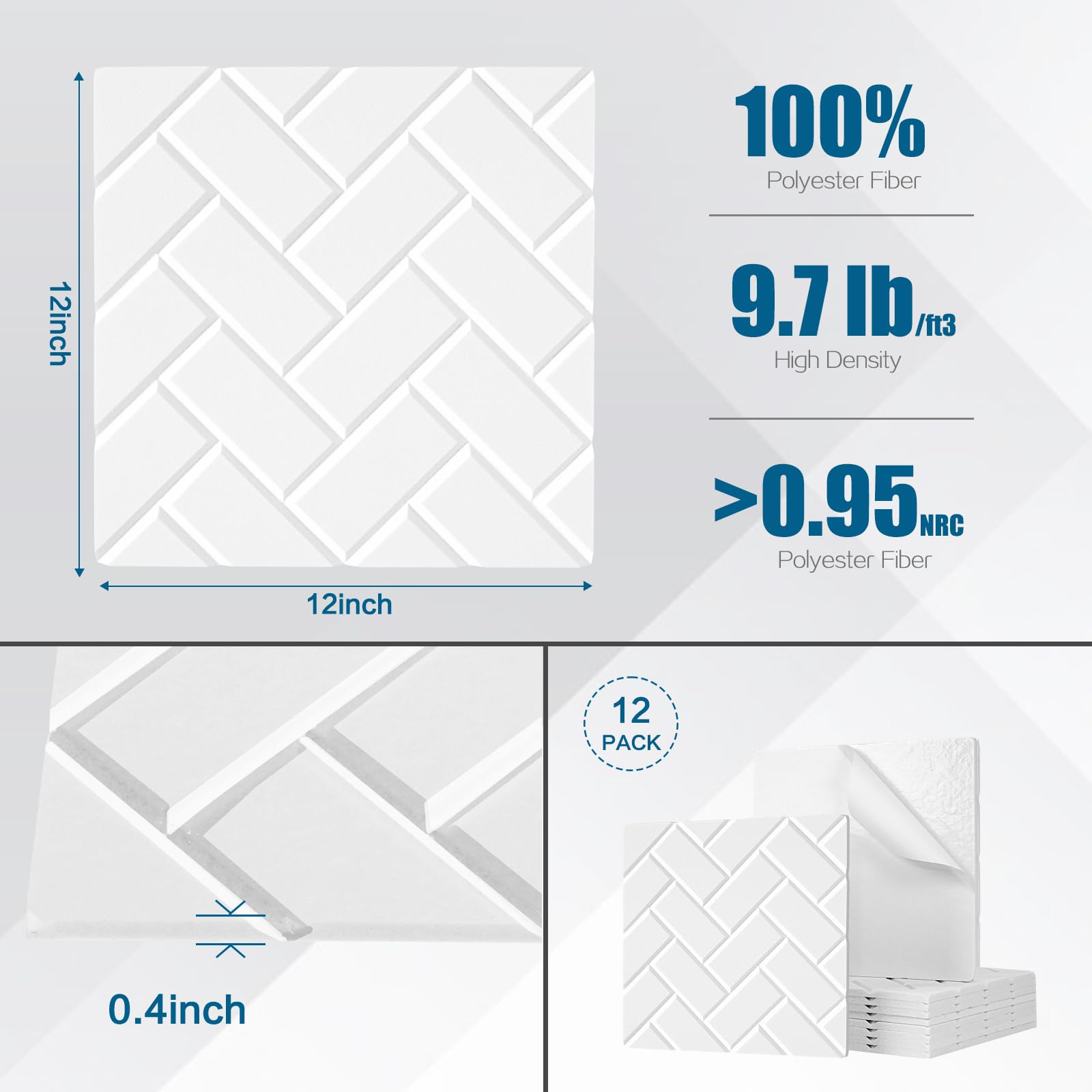 Tutmyrea 12 Pack Self-Adhesive Acoustic Panels, 12''X12''X0.4'' Brick Pattern Soundproof Wall Panels, High Density Sound Absorbi