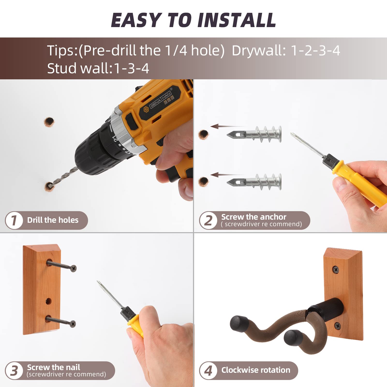 VEINTICO Guitar Wall Mount, Guitar Hangers hooks Bracket Holders for Acoustic and Electric Guitars Bass Banjo Mandolin, Hardwood