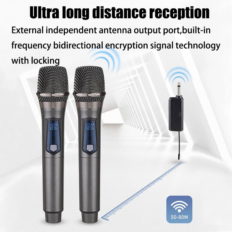 HUACAM Wireless Microphone,Rechargeable Wireless Dual UHF Microphone,Dual Handheld Dynamic Wireless Mic for Karaoke Singing, Wed