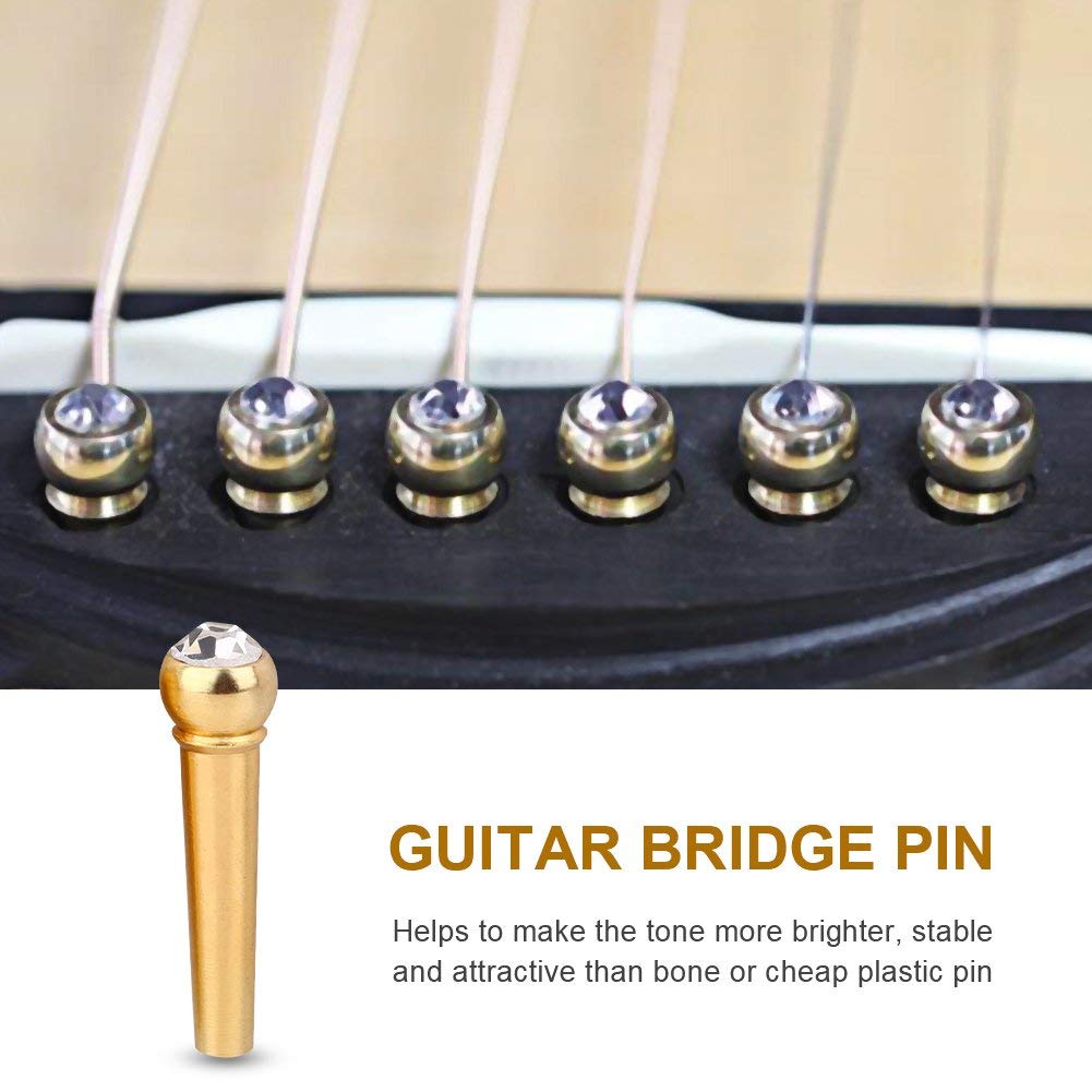 6Pcs Bridge Pin Copper Material Folk Acoustic Guitar Bridge Pin Peg Nail with Colorful Crystal Glass Dot(White)