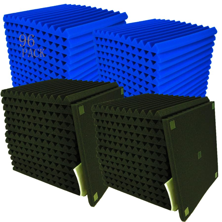 96 Pack Blue/Black Absorb The Echo Acoustic Foam Panel Wedge Studio Soundproofing Wall Tiles 12'' X 12'' X 1''