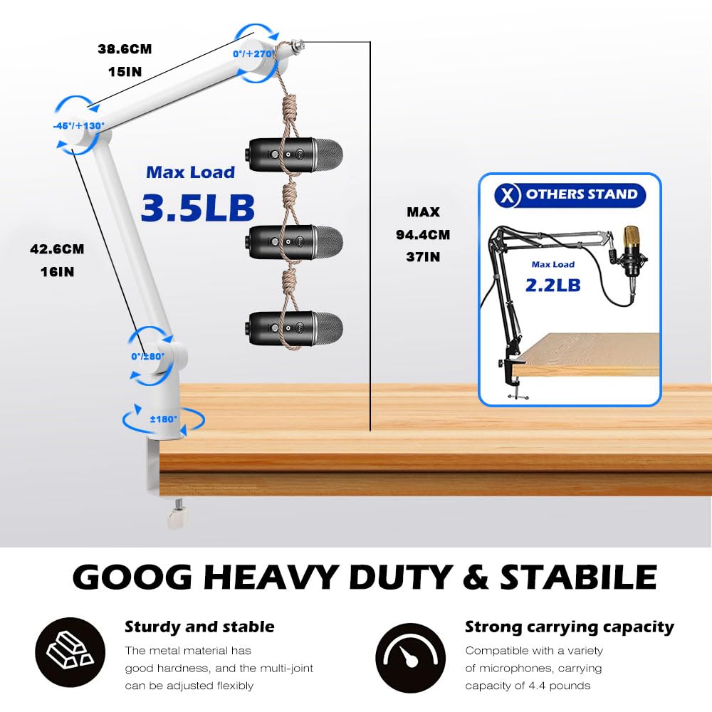 BOMGE Boom Arm Mic Stand - Adjustable Heavy Duty Suspension Boom Scissor Arm Stand with Cable Management Channels, Desk Clamp fo
