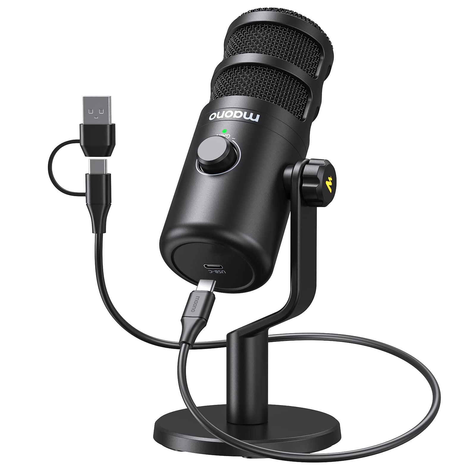 MAONO USB Dynamic Microphone, Podcast Recording Microphone with Gain Knob, Plug & Play, Metal Structure, Voice-Isolating Technol