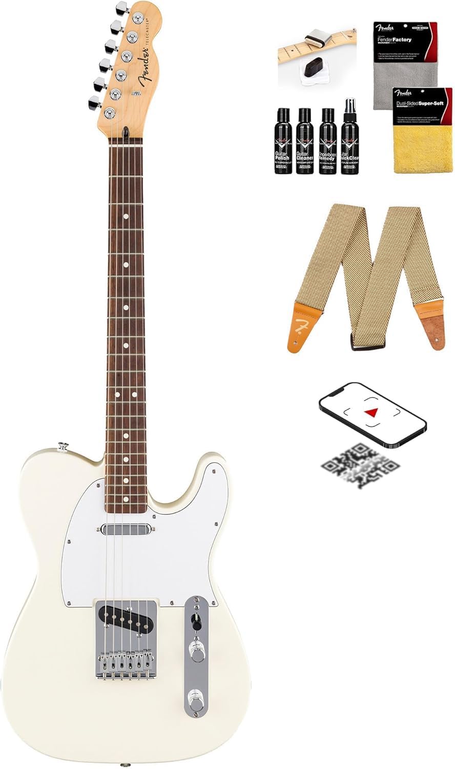 Fender Standard Telecaster - Olympic White Bundle With Strap, Guitar Cleaning Kit, And Austin Bazaar Instructional Video