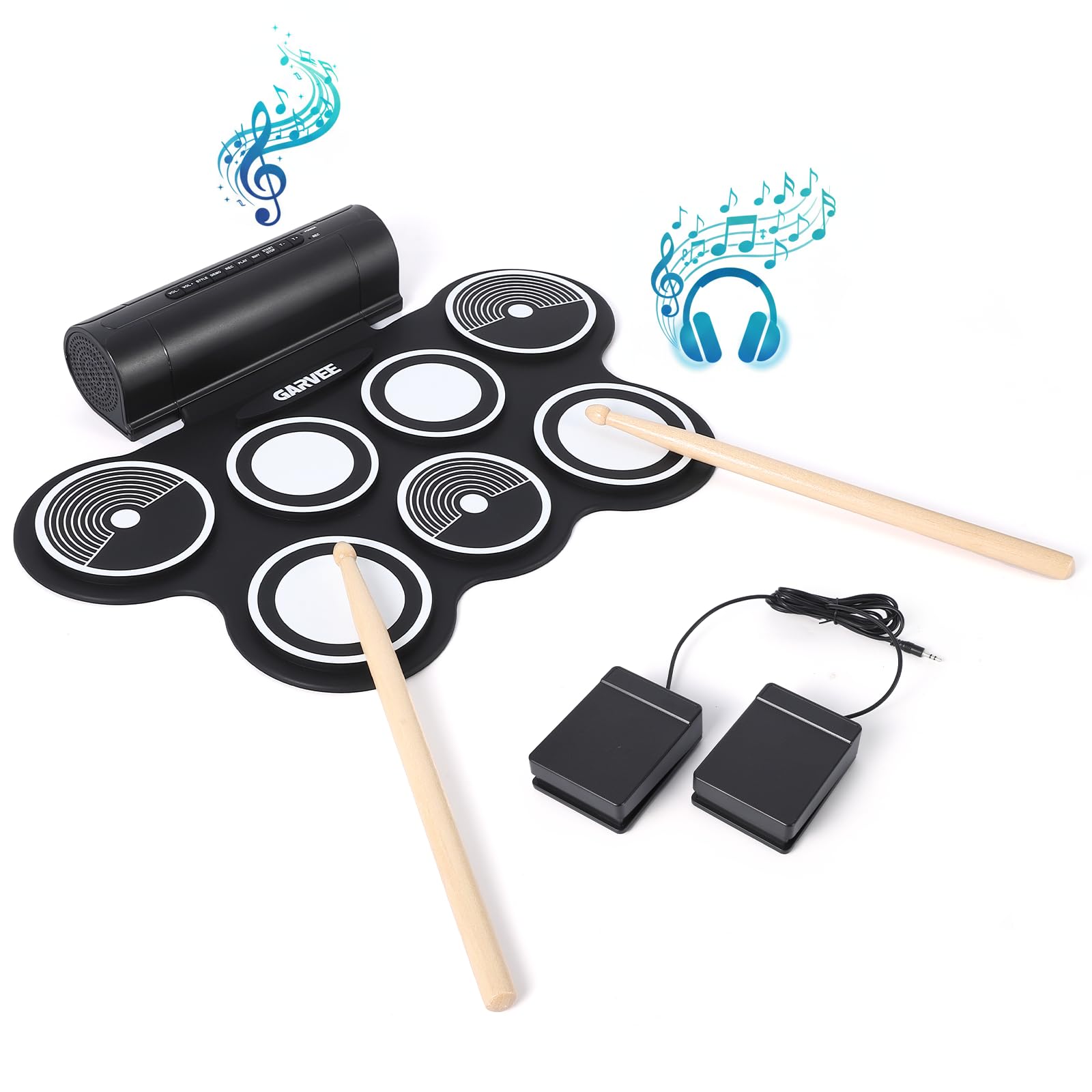 7 Pads Bluetooth Electric Drum Set, Portable Roll Up Electronic Drum Pad with Headphone Jack, Pedals & Sticks, Recording Functio