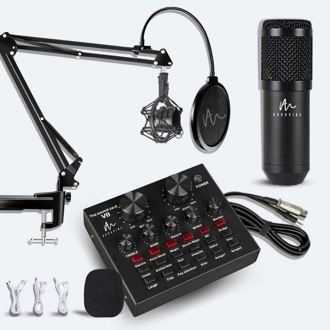 Audavibe Condenser Microphone Set +V8 Sound Card Amplifier Voice Changer Audio Mixer Interface| Singing Recording Smule Live Gam