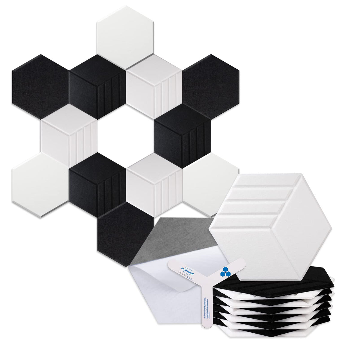 Mollywell Hexagon Acoustic Panels, Carved Patterns, Soundproofing, Decorative Noise Reduction Felt Wall Tiles For Ceilings, Home