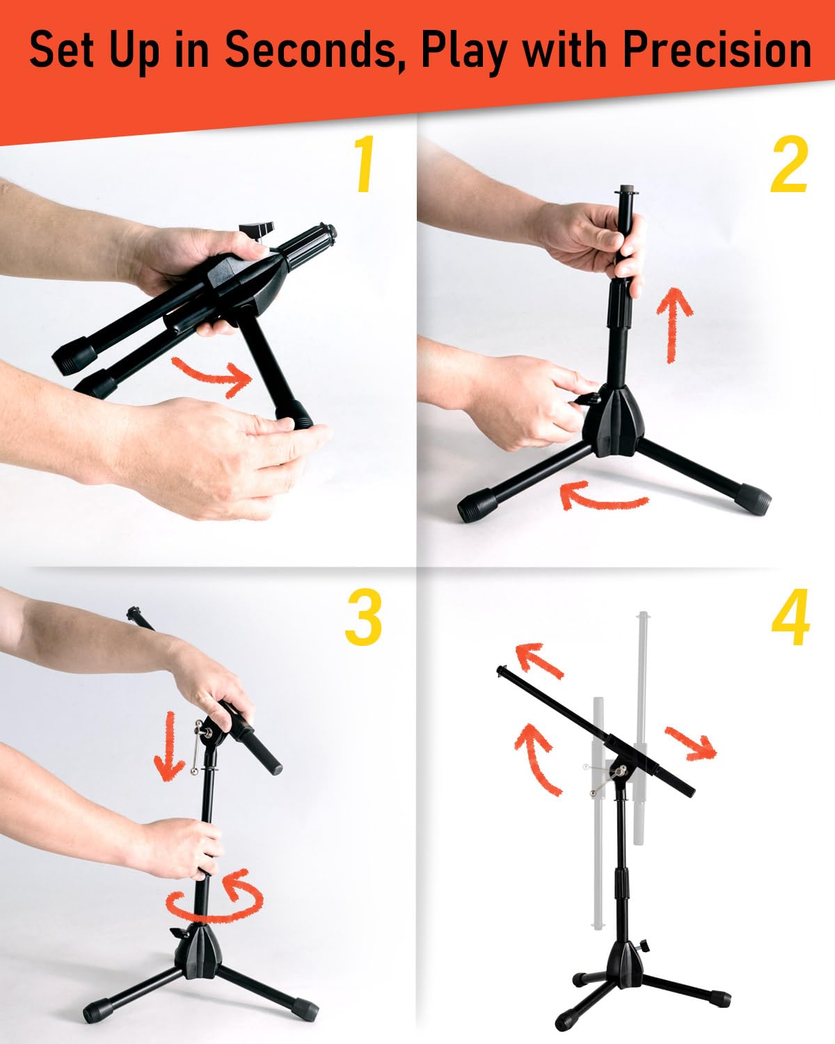 Stage Rocker Foldable Tripod Low-Profile Mic Boom Stand - Height Extending from 9.6'' to 16.9'', w/Adjustable Telescoping Arm Up