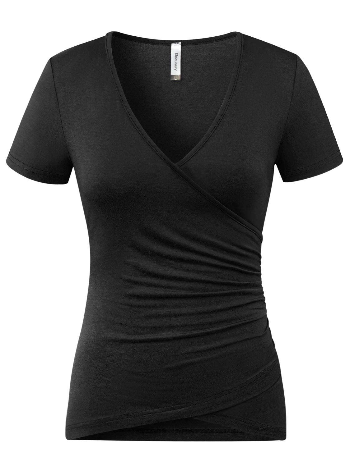 Beauhuty Womens Tops Deep V Neck Slim Fitted T-Shirt Front Surplice Wrap Ruched Short Sleeve Tees (M, Short-Black)