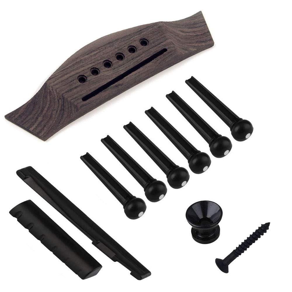 Jiayouy 6 String Acoustic Guitar Rosewood Bridge Saddle Nut Pins Set Including Bridge & Six Bridge Pins & End Pin & Saddle And N