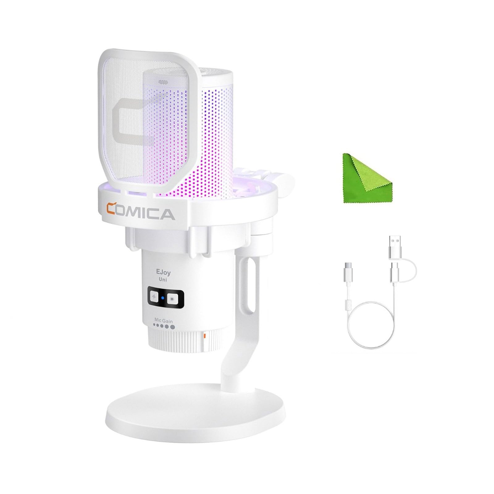 COMICA EJoy Uni (D)-White Microphone for Computer and Smartphone,RGB Cardioid Condenser Gaming Mic for Podcasting,Streaming,Reco