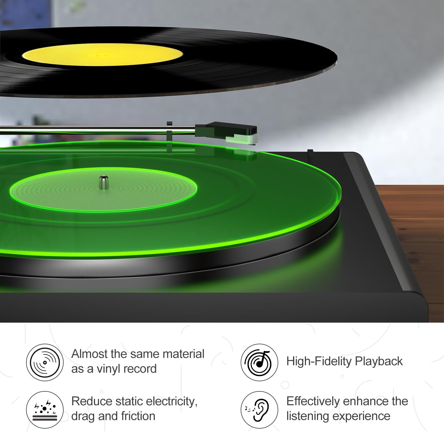 Turntable Mat Record Platter Slipmat: Greenlit Acrylic Record Player Platter Vinyl Slip Mats for Turntables Antistatic Tighter &