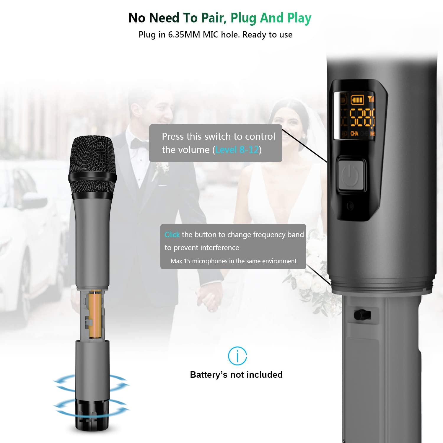 Bietrun Wireless Microphone, Dynamic Microphone with Rechargeable Receiver, Auto Connect,All Metal Design,160ft Range,Cordless M