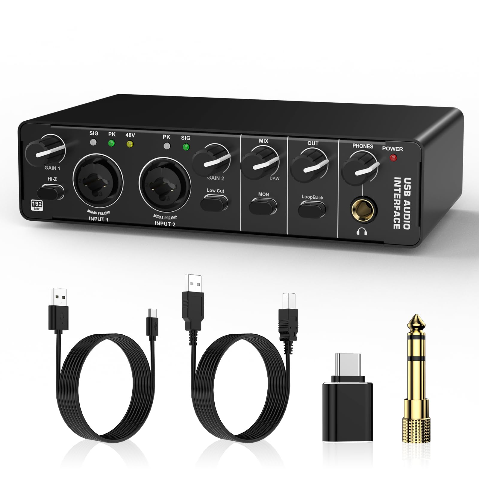 Audio Interface, RHM 2 In 2 Out USB Audio Interface with 48V Phantom Power for Recording, Professional Audio Mixer & Mic Preampl
