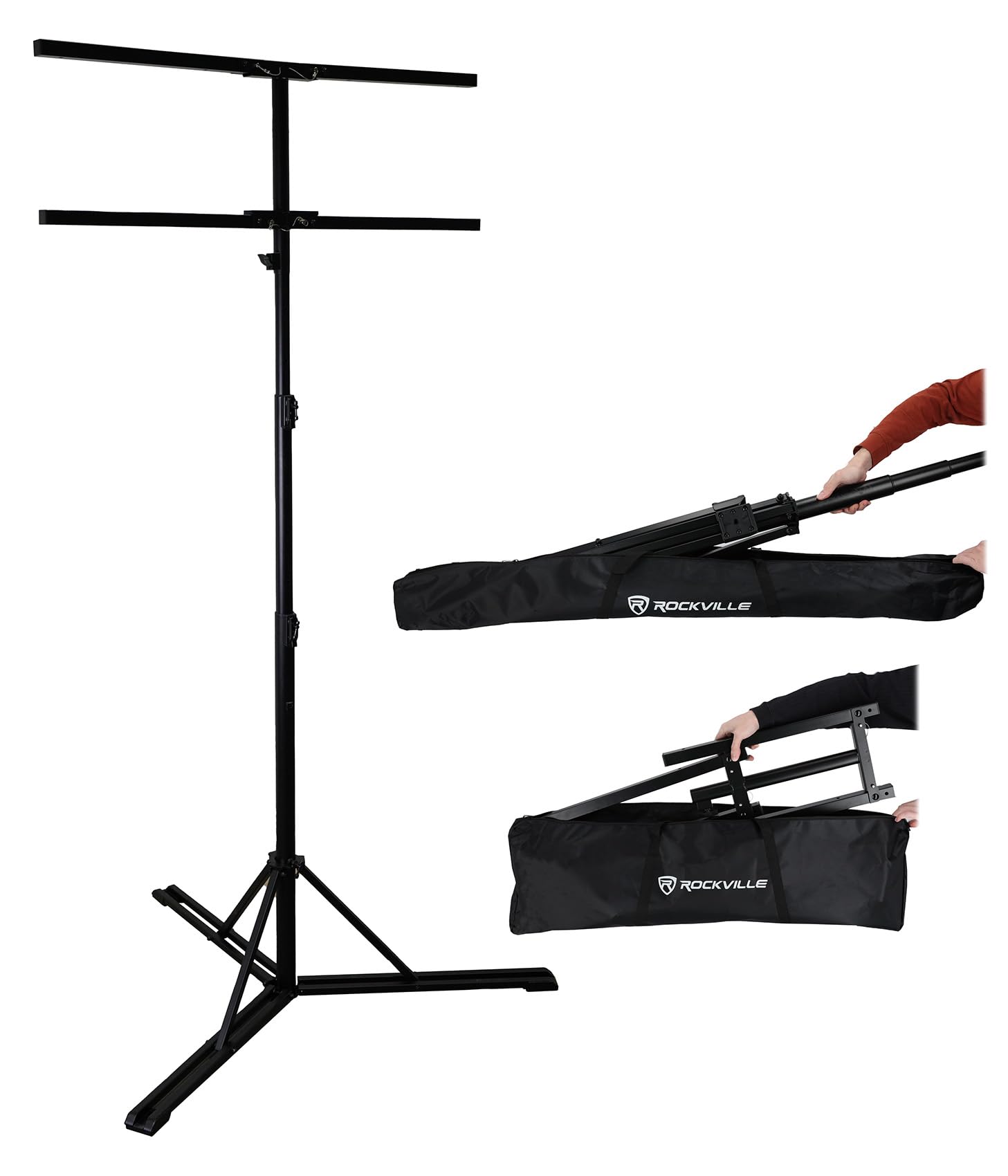 Rockville RLS6 140lb Lighting Speaker Stand, Flat-Base Stability, Detachable Tree Bar, Quick-Fold Portability, Perfect for DJs a