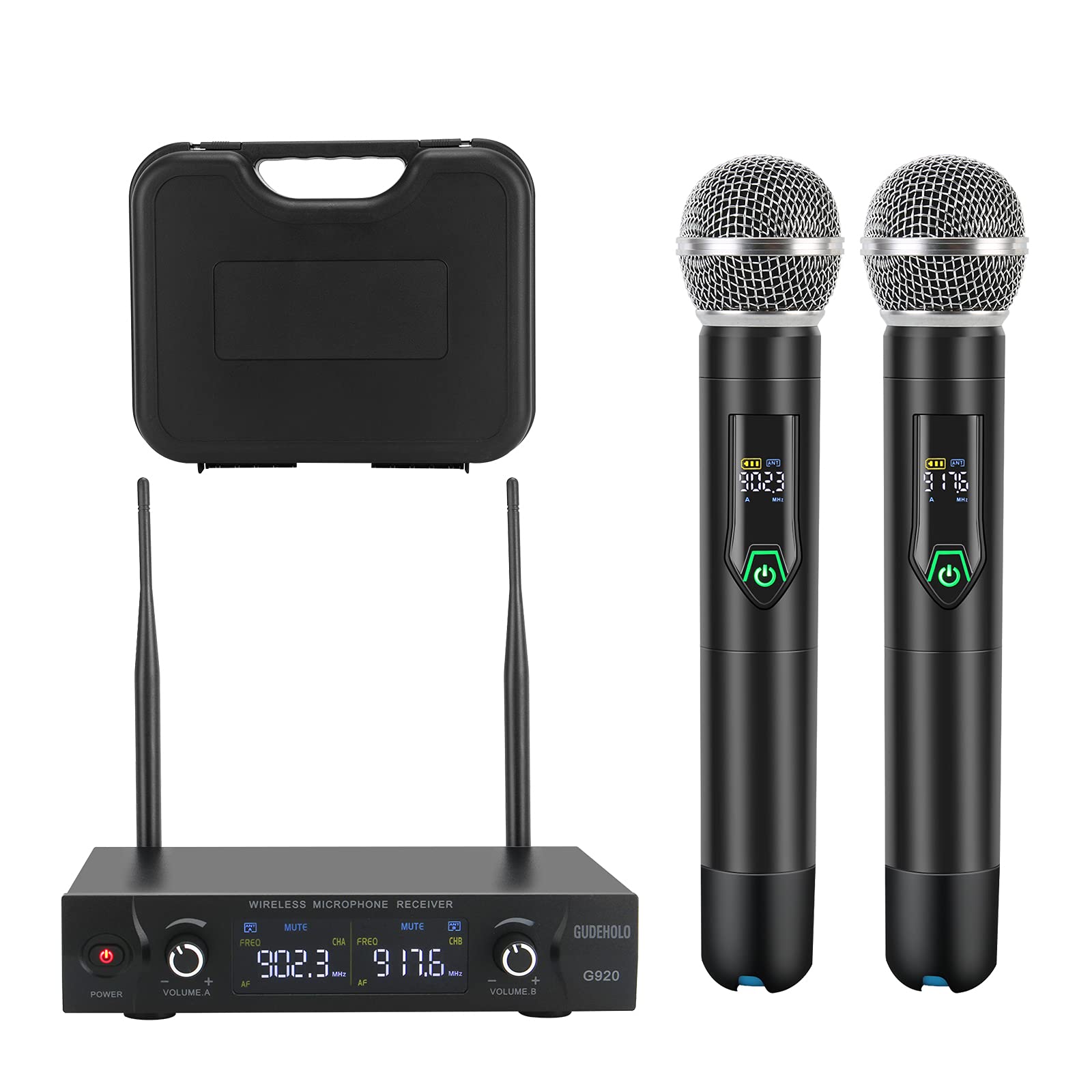 Gudeholo Wireless Microphone System With Case, Metal Uhf Dual Handheld 20 Channels Professional Cordless Mic System For Church,