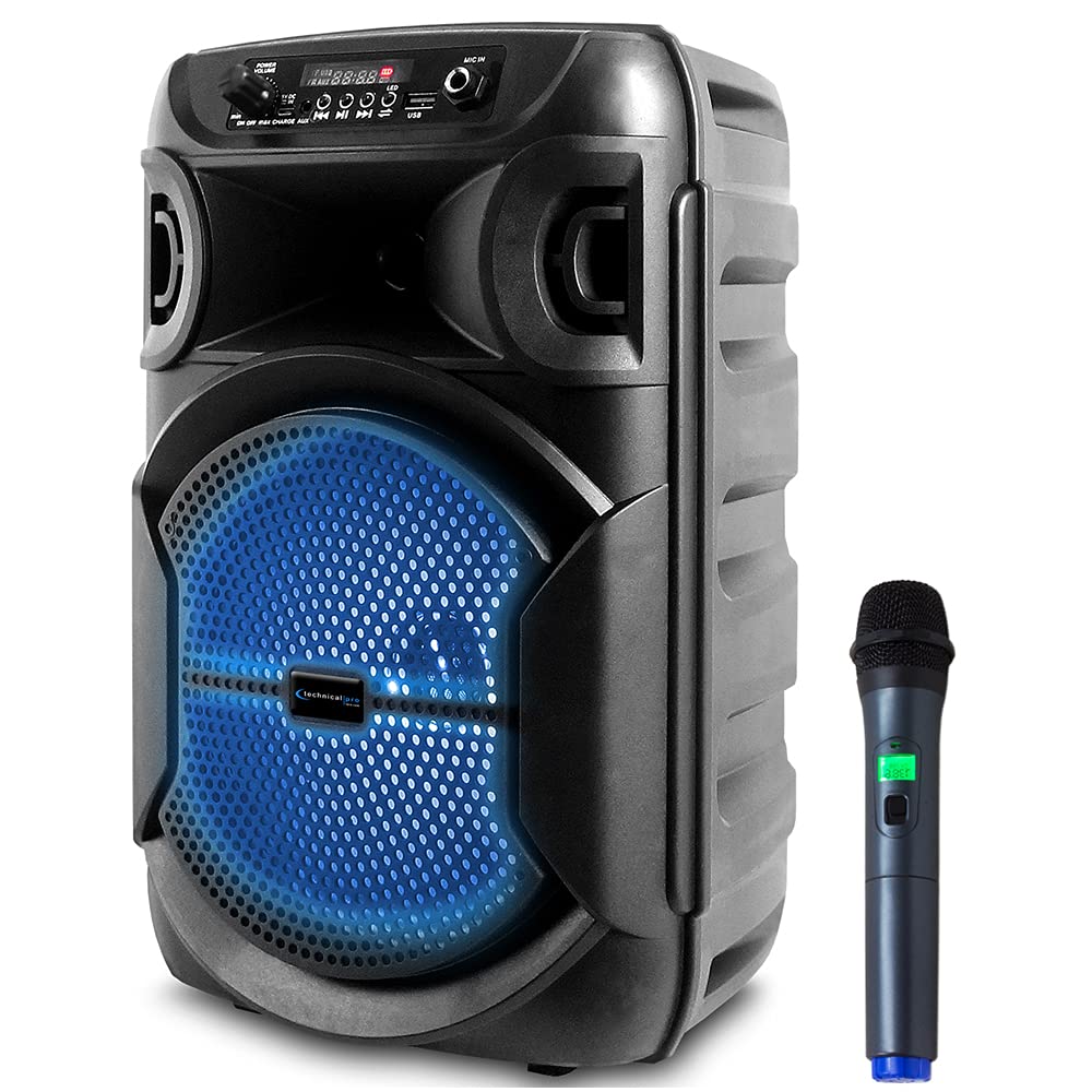 Technical Pro 8 Inch Portable 500 Watts Bluetooth Speaker W/Woofer & Tweeter, Usb Card Inputs, And Uhf Wireless Handheld Microph