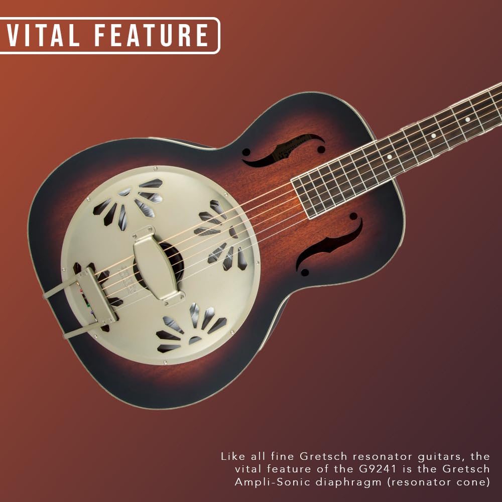 Gretsch G9241 Mahogany Round Neck 6-String Acoustic-Electric Resonator Guitar (2-Color Sunburst) Bundle with Gretsch G2180 Reson